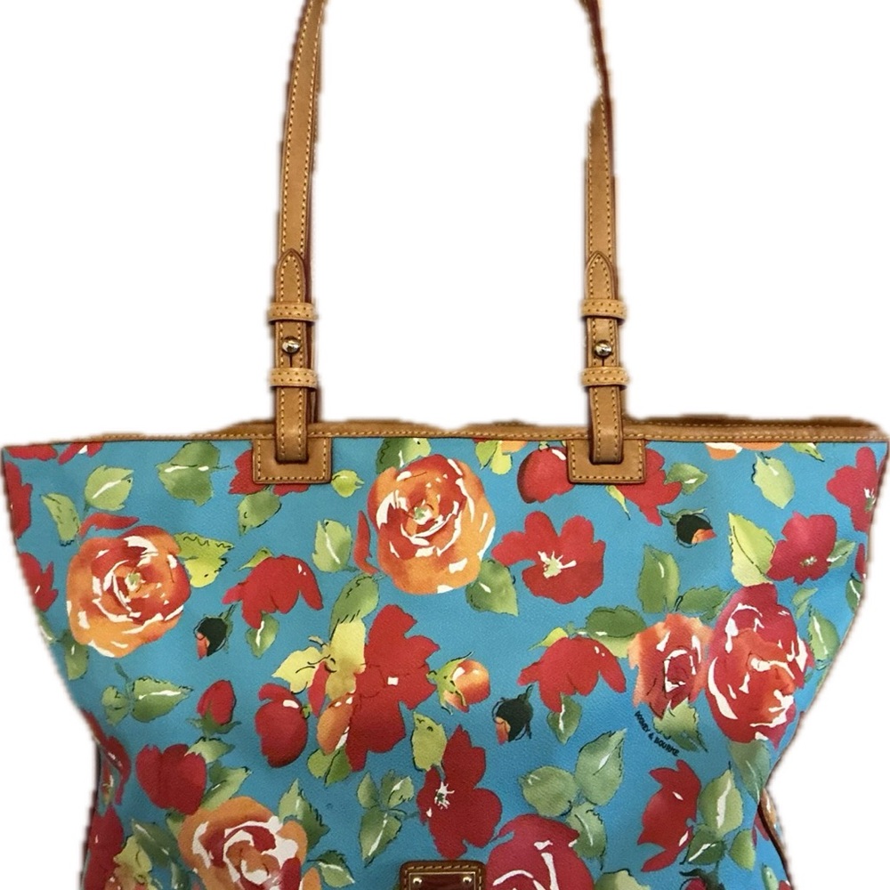 Dooney & Bourke Turquoise Floral Tote with Tan Straps